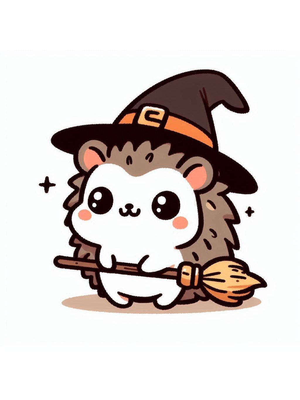 halloween cute animals drawings witchy hedgehog riding a broomstick, wearing a witch hat.